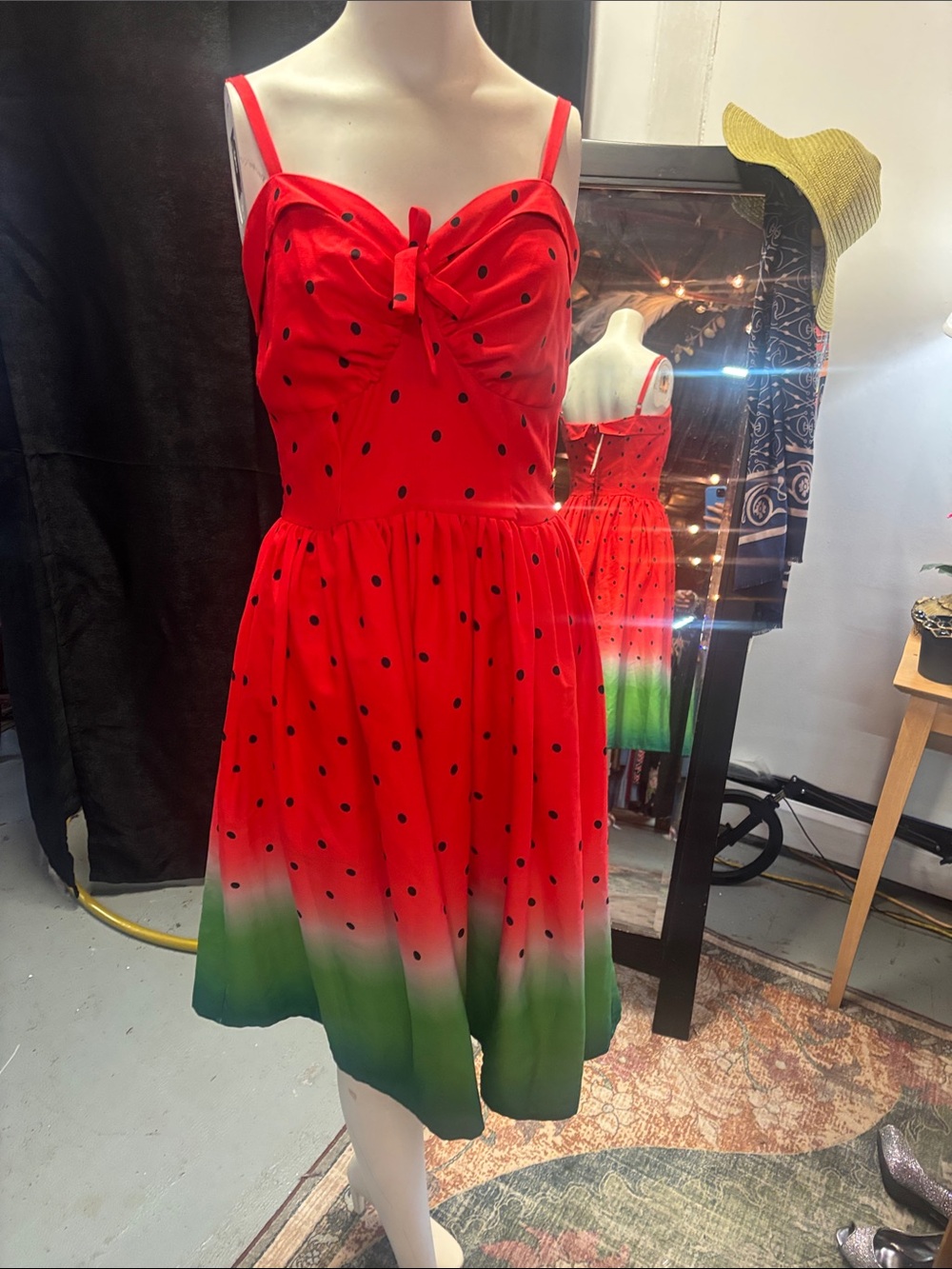 Unique Vintage watermelon Red Green Ombre Polka Dot Midi Dress